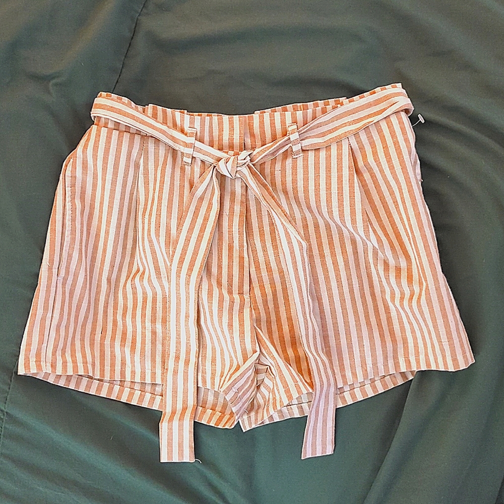 Love Tree striped linen shorts size S tan and white.